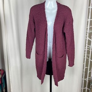 Merokeety Plum Purple Popcorn Chenille Loose Knit Longline Open Front Cardigan S